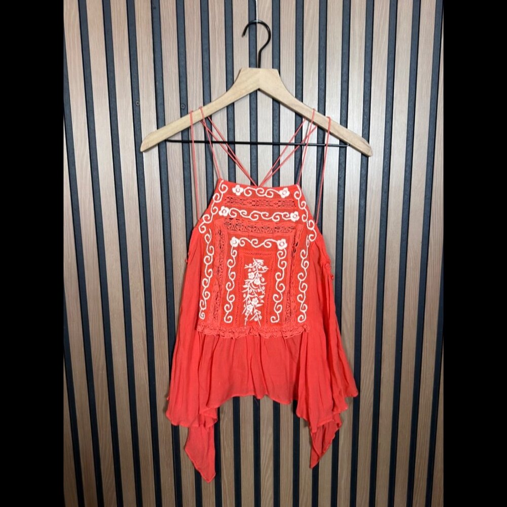 Free People Top Small Womens Orange Woven Strappy Chiffon Boho Tank